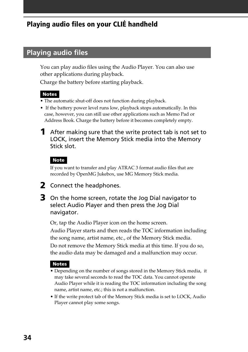 Playing audio files | Sony PEG-N760C User Manual | Page 34 / 119