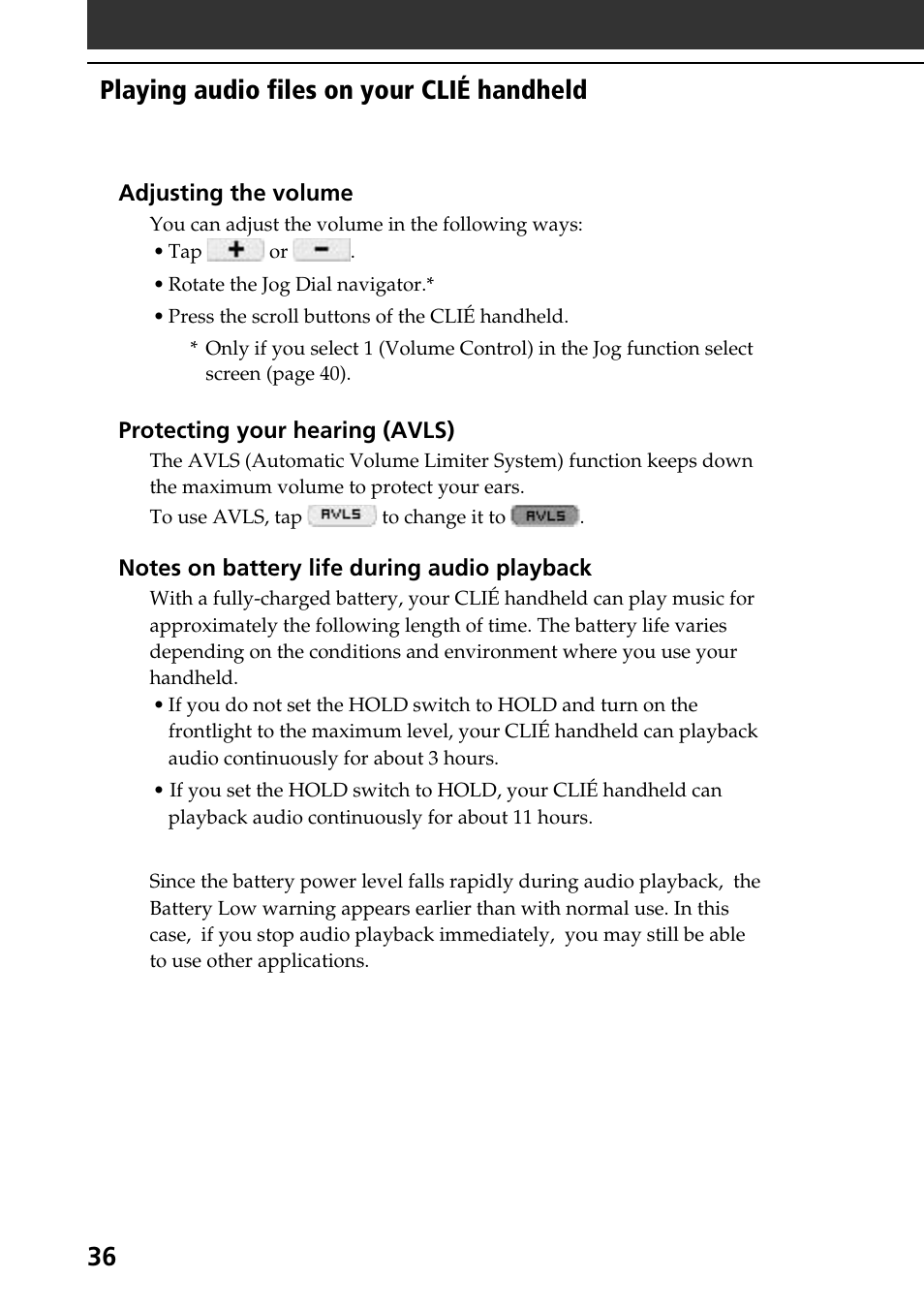 36 playing audio files on your clié handheld | Sony PEG-N760C User Manual | Page 36 / 119