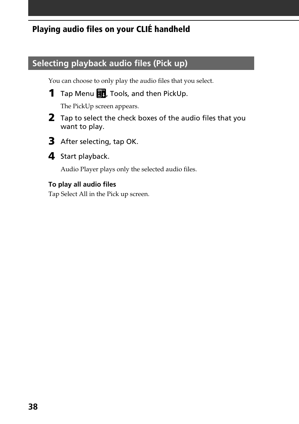 Selecting playback audio files (pick up) | Sony PEG-N760C User Manual | Page 38 / 119