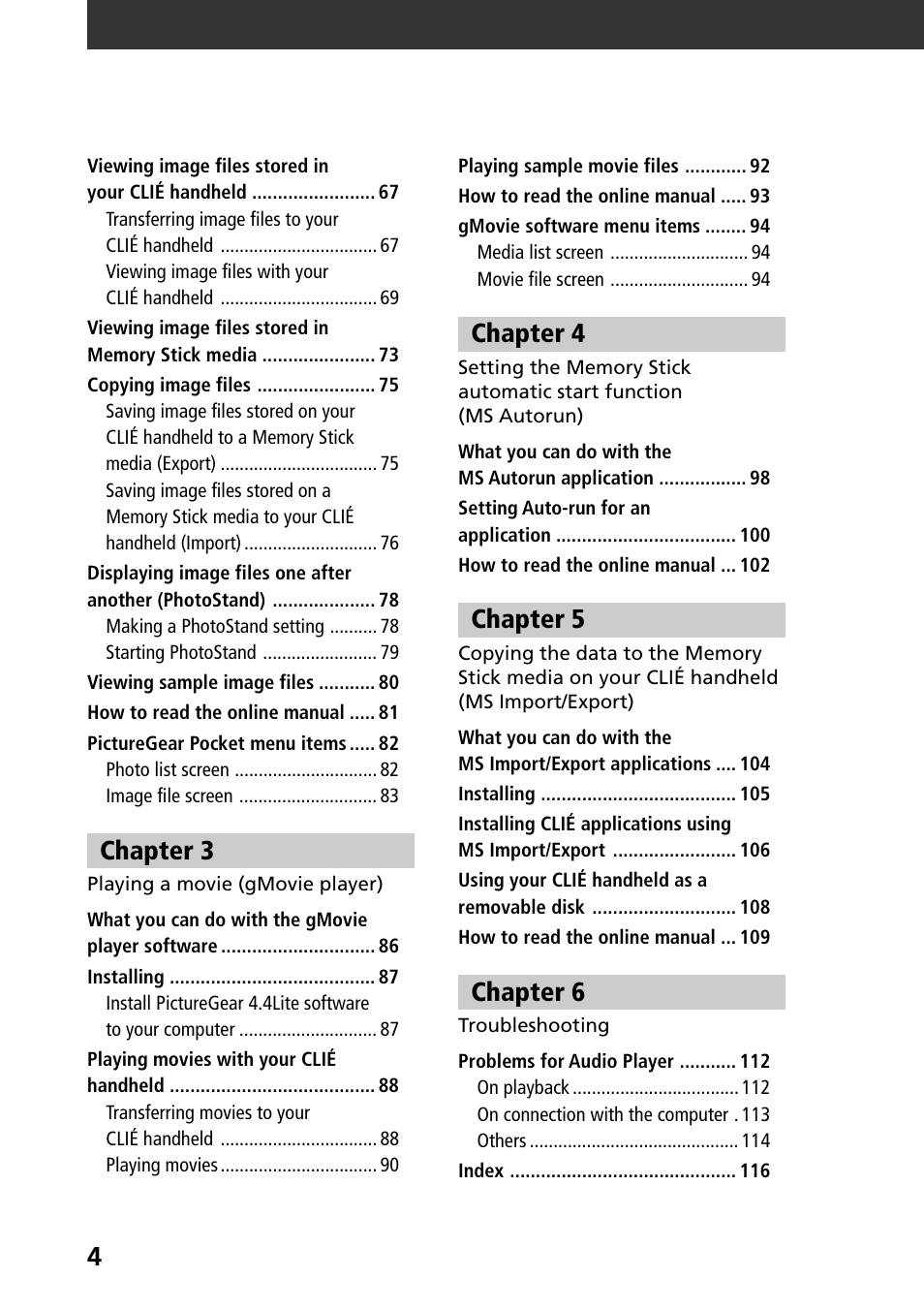 Chapter 3, Chapter 4, Chapter 5 | Chapter 6 | Sony PEG-N760C User Manual | Page 4 / 119