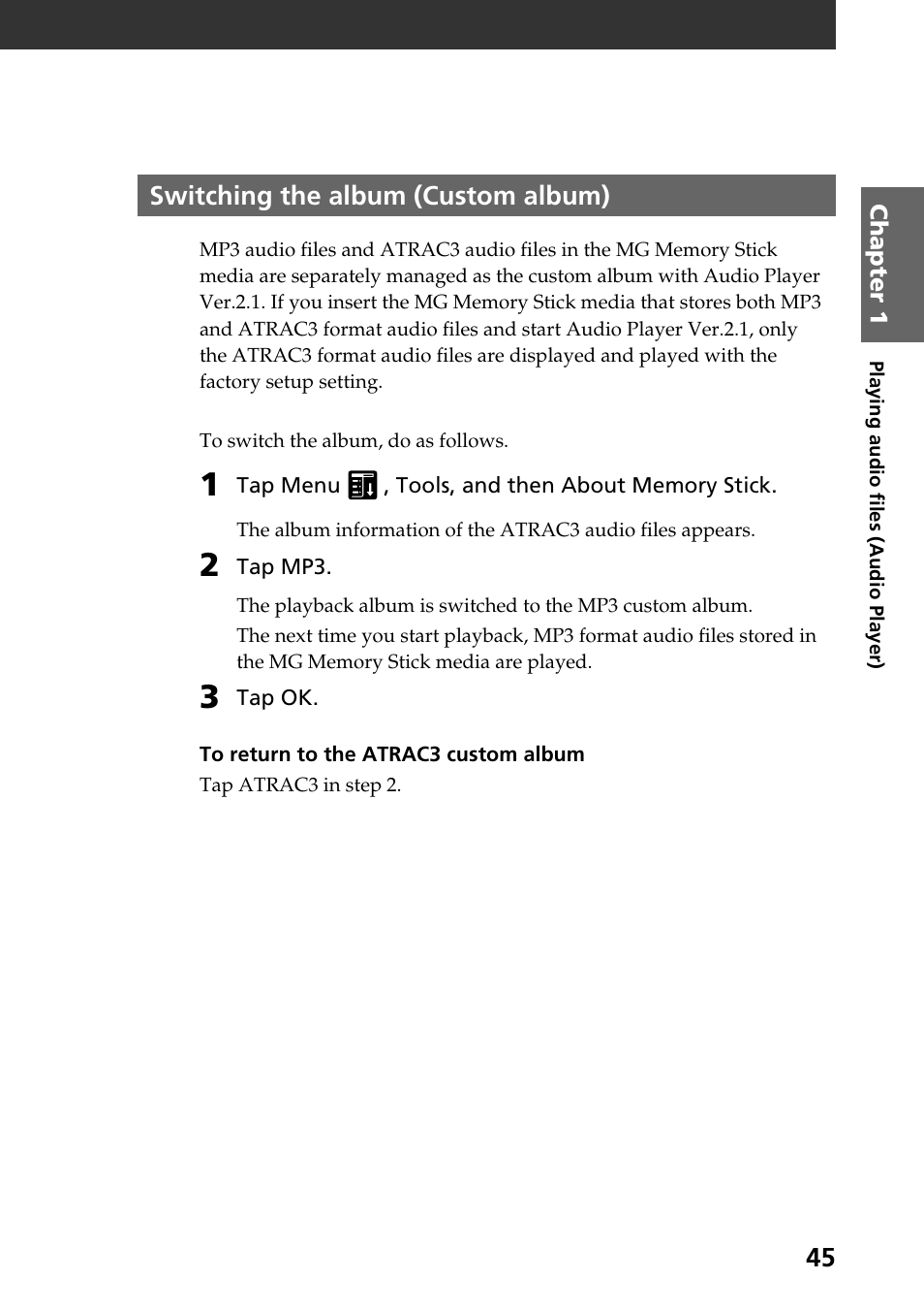 Switching the album (custom album), Custom album) | Sony PEG-N760C User Manual | Page 45 / 119