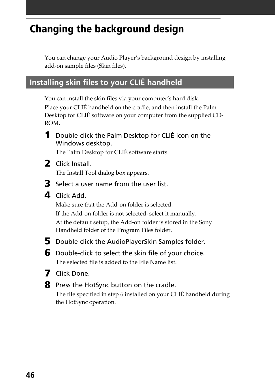 Changing the background design, Installing skin files to your clié handheld | Sony PEG-N760C User Manual | Page 46 / 119