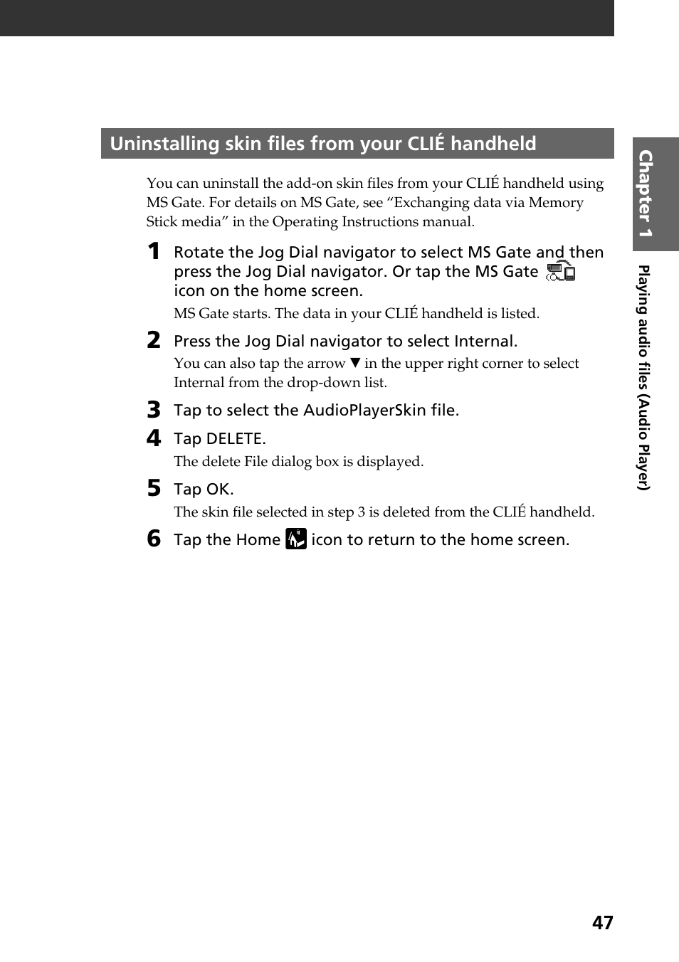 Uninstalling skin files from your clié handheld | Sony PEG-N760C User Manual | Page 47 / 119