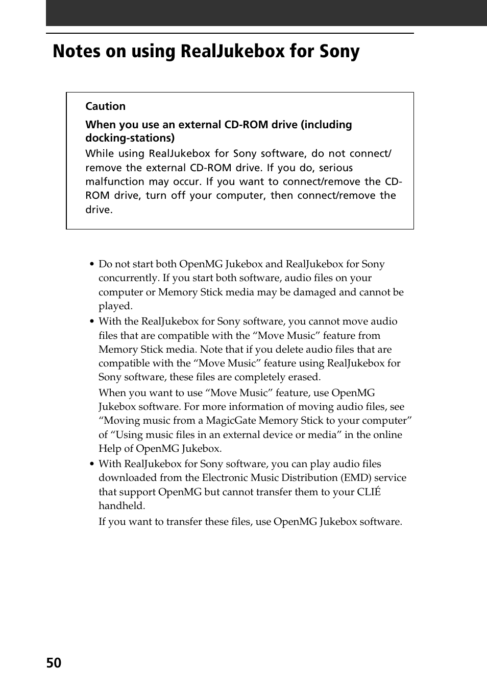 Notes on using realjukebox for sony, Notes on using realjukebox for sony 50 | Sony PEG-N760C User Manual | Page 50 / 119