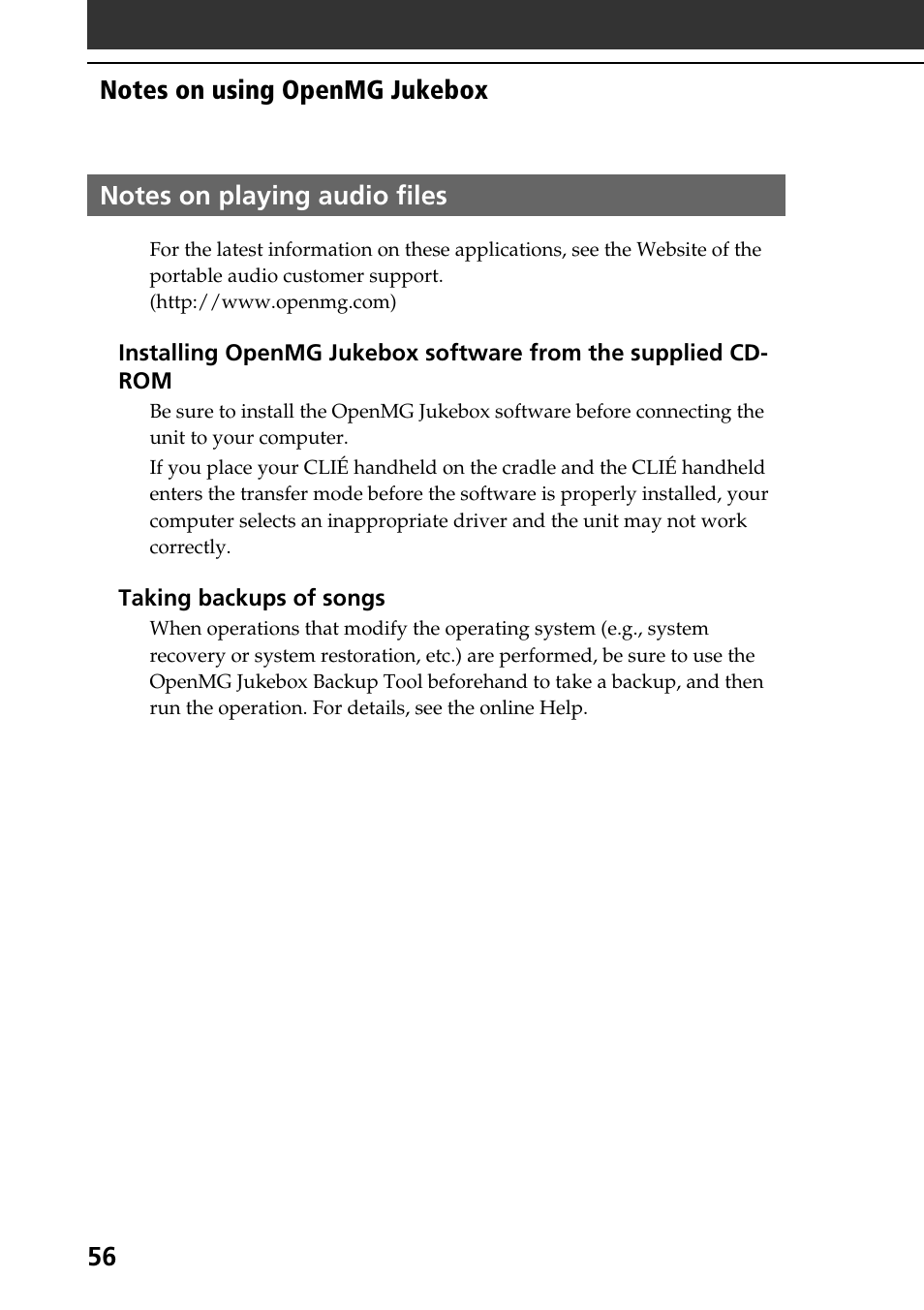 Notes on playing audio files | Sony PEG-N760C User Manual | Page 56 / 119