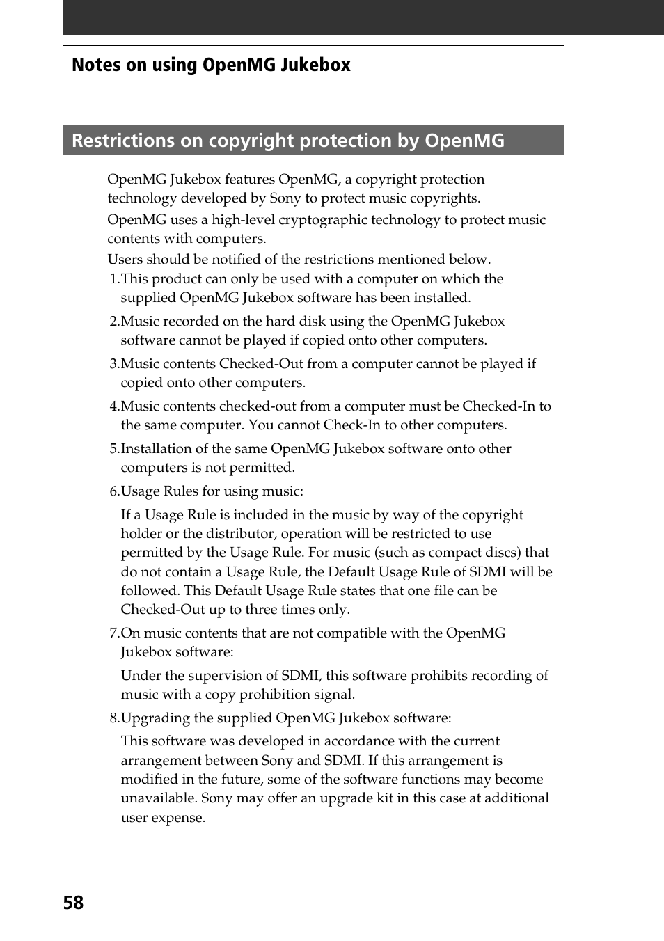 Restrictions on copyright protection by openmg, 58 restrictions on copyright protection by openmg | Sony PEG-N760C User Manual | Page 58 / 119