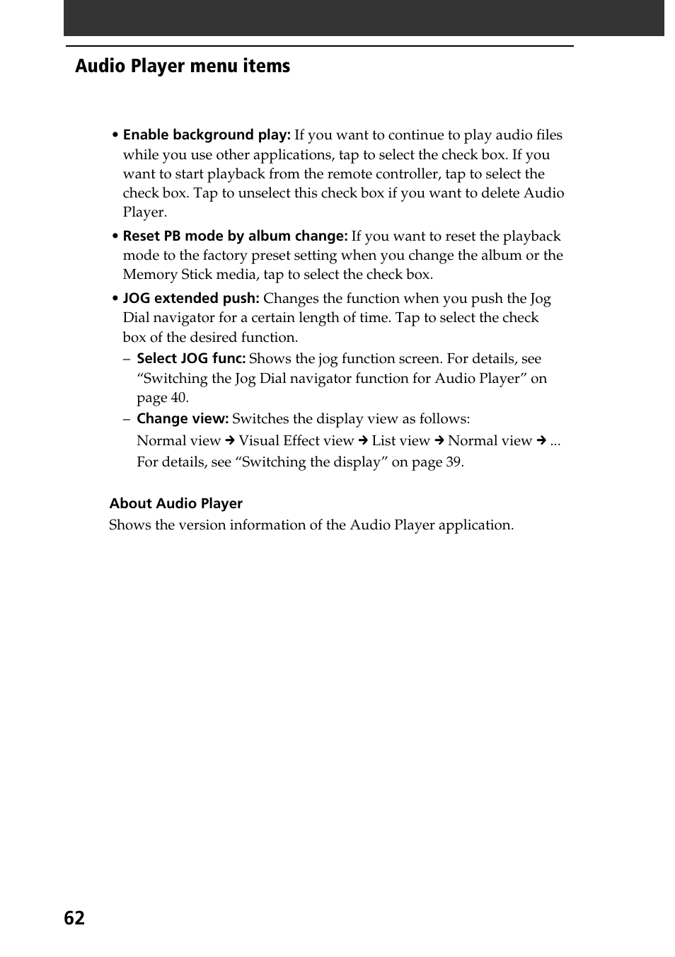 Audio player menu items | Sony PEG-N760C User Manual | Page 62 / 119