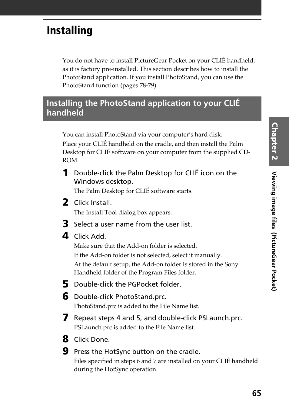 Installing | Sony PEG-N760C User Manual | Page 65 / 119