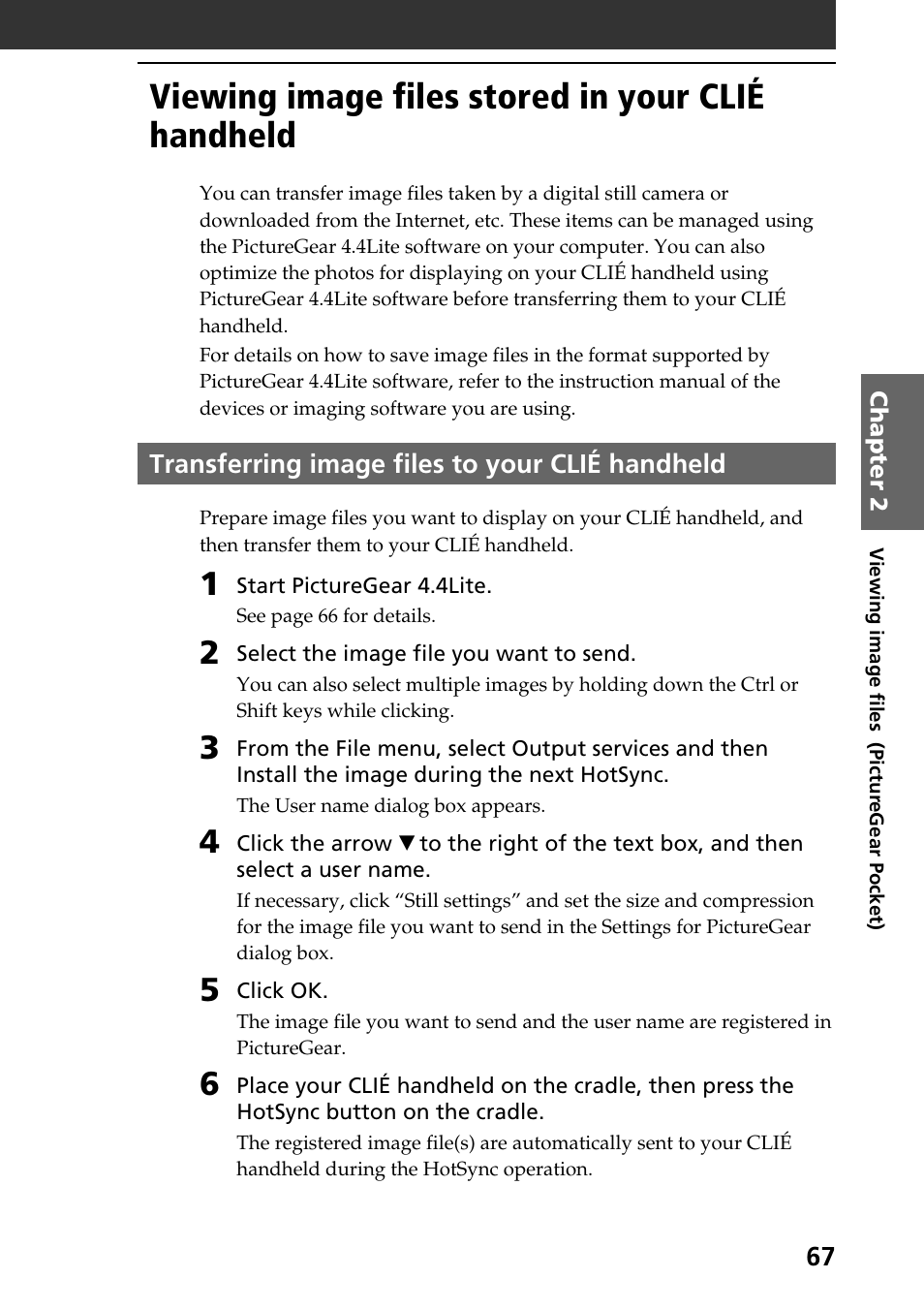 Viewing image files stored in your clié handheld, Transferring image files to your clié handheld | Sony PEG-N760C User Manual | Page 67 / 119