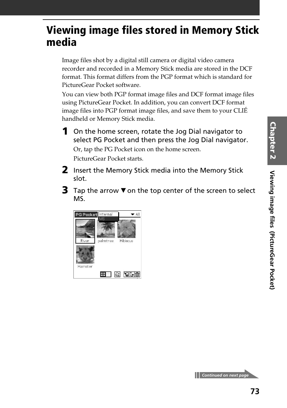 Viewing image files stored in memory stick media | Sony PEG-N760C User Manual | Page 73 / 119