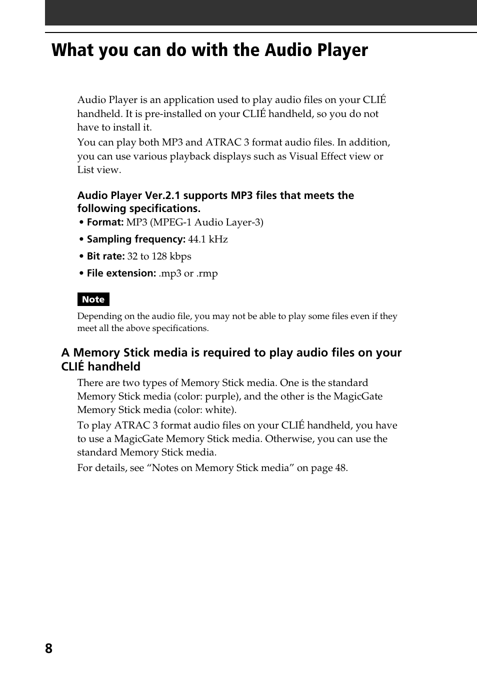What you can do with the audio player | Sony PEG-N760C User Manual | Page 8 / 119