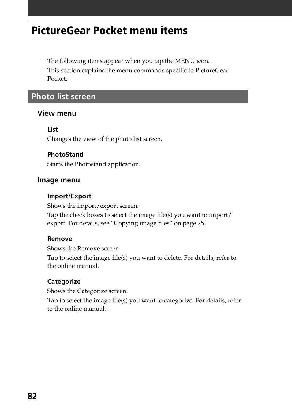 Picturegear pocket menu items, Photo list screen | Sony PEG-N760C User Manual | Page 82 / 119