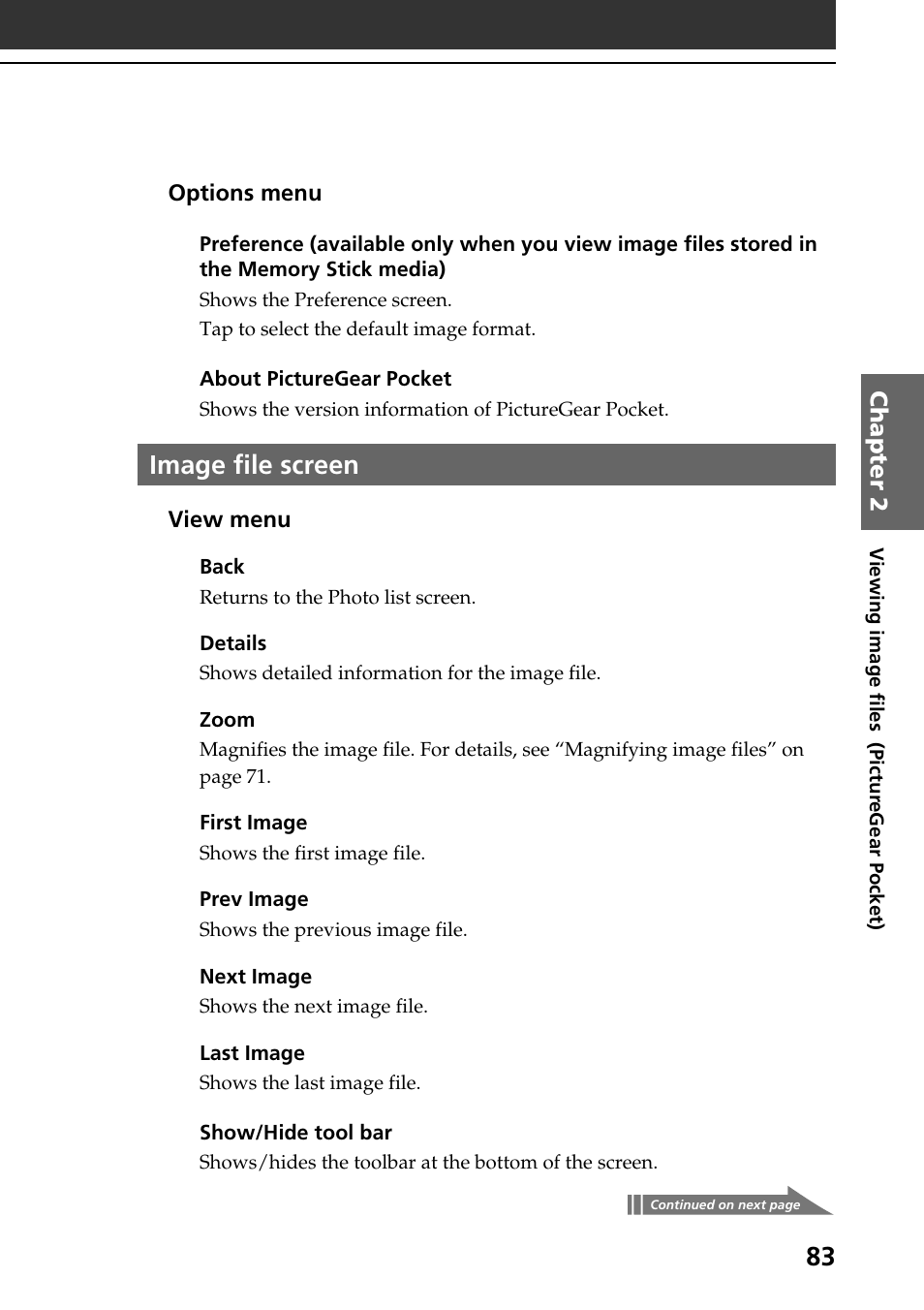 Image file screen | Sony PEG-N760C User Manual | Page 83 / 119