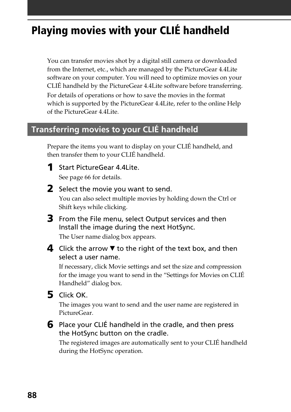 Playing movies with your clié handheld, Transferring movies to your clié handheld | Sony PEG-N760C User Manual | Page 88 / 119