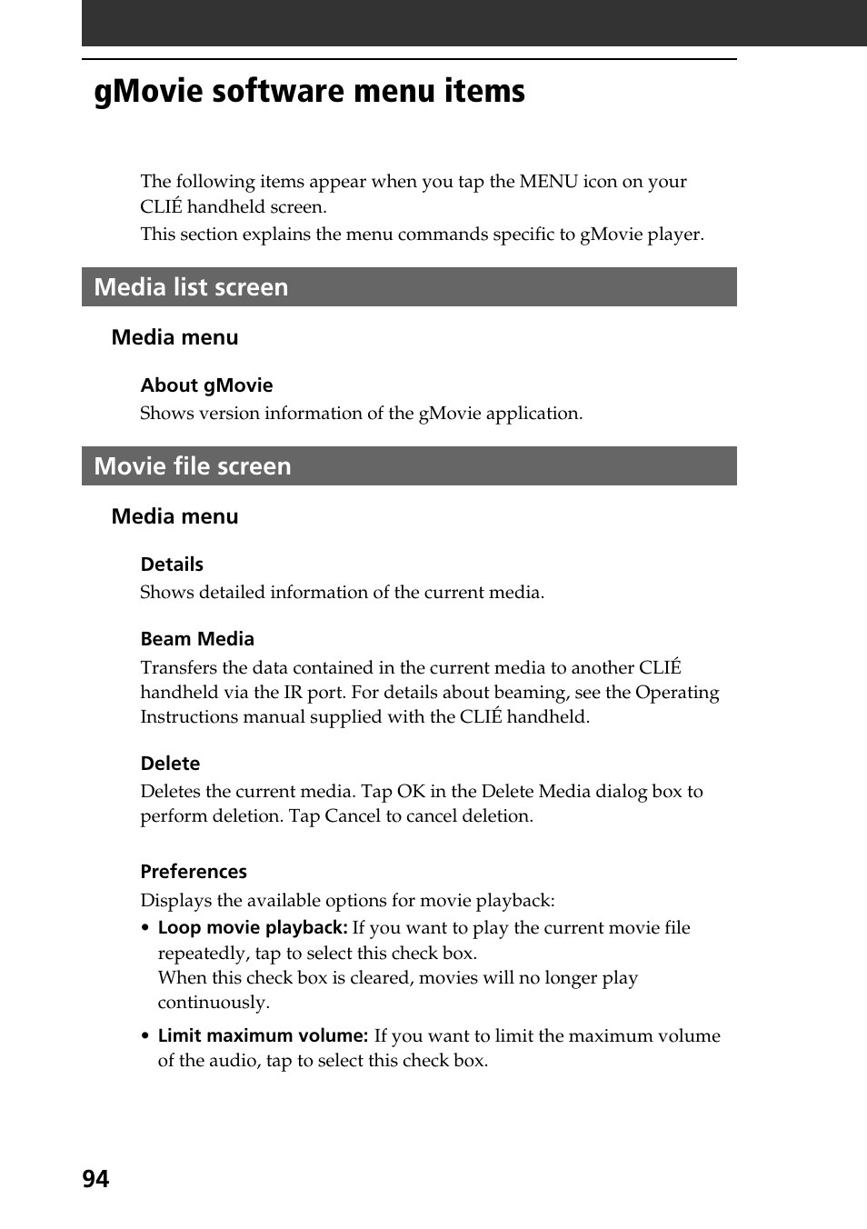 Gmovie software menu items, Media list screen, Movie file screen | Media list screen movie file screen | Sony PEG-N760C User Manual | Page 94 / 119
