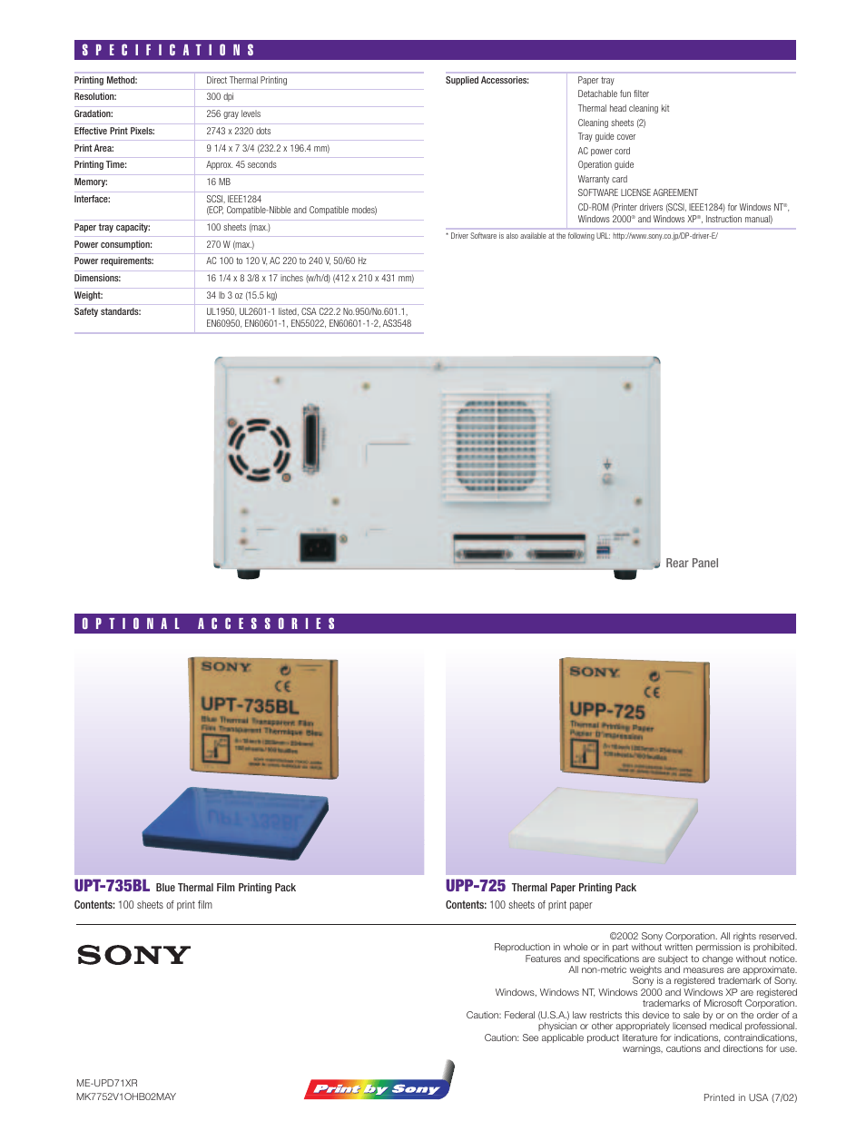 Upt-735bl, Upp-725, Rear panel | Sony UP-D71XR User Manual | Page 4 / 4