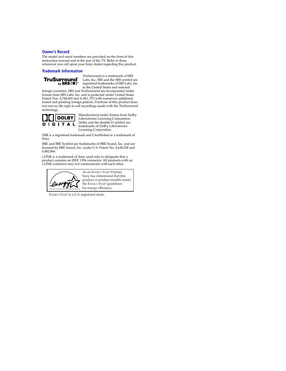 Owner’s record, Trademark information | Sony VMC-IL4415 User Manual | Page 2 / 80