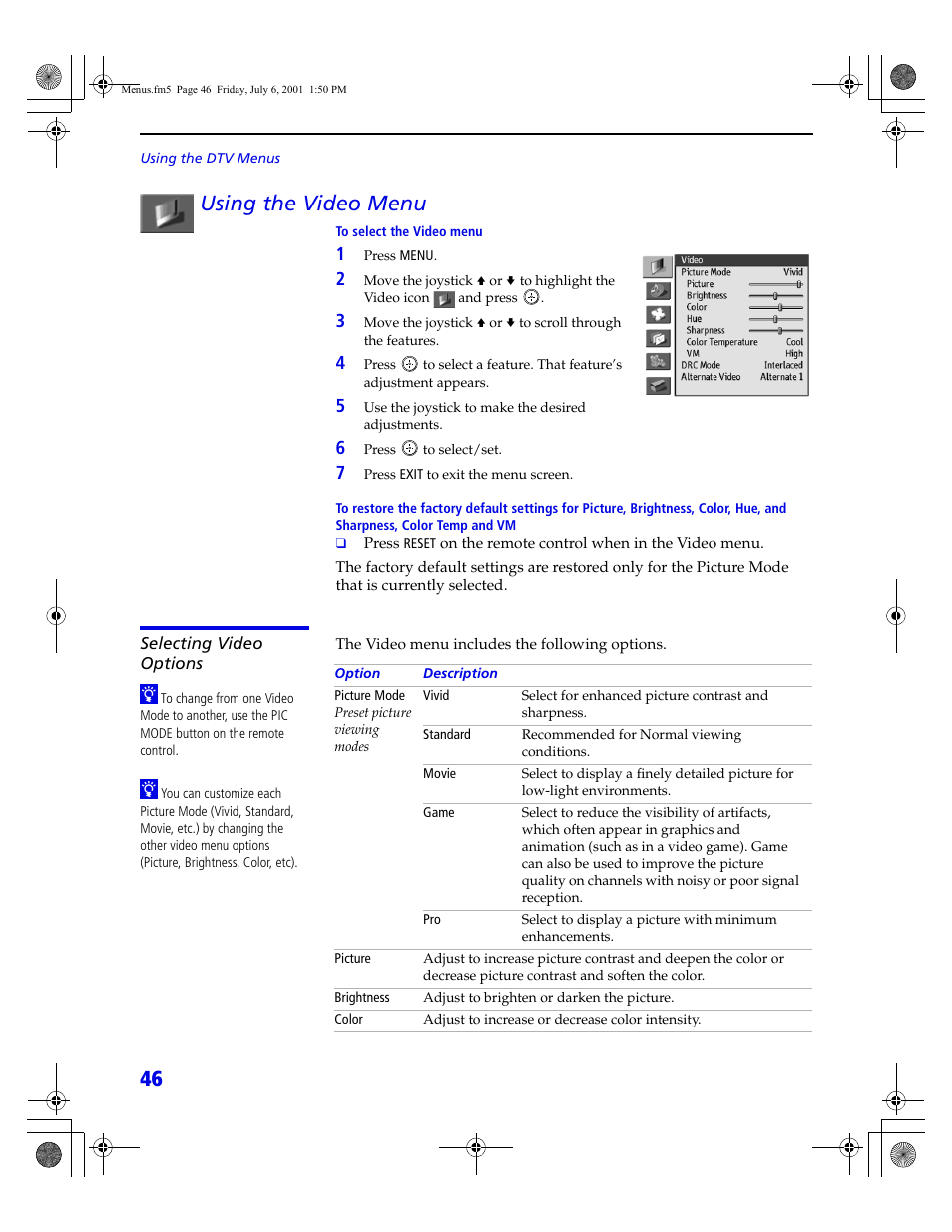46 using the video menu | Sony VMC-IL4415 User Manual | Page 52 / 80