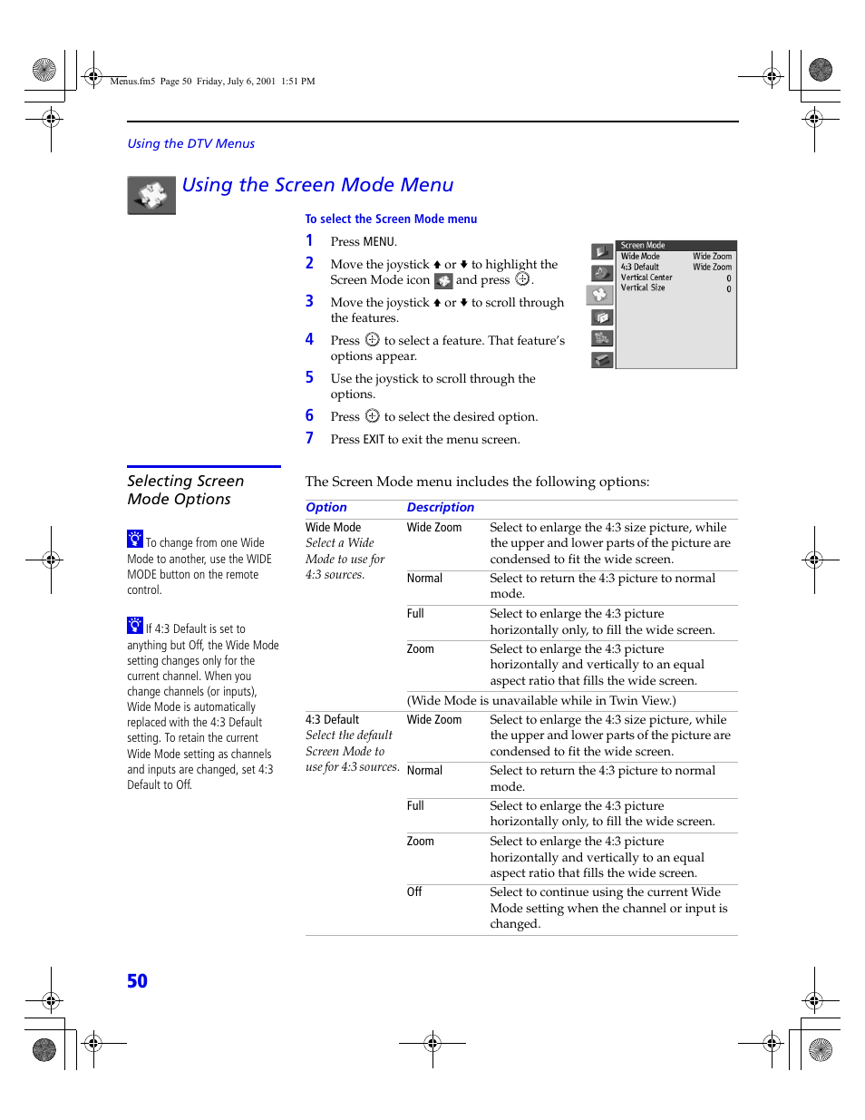 50 using the screen mode menu | Sony VMC-IL4415 User Manual | Page 56 / 80