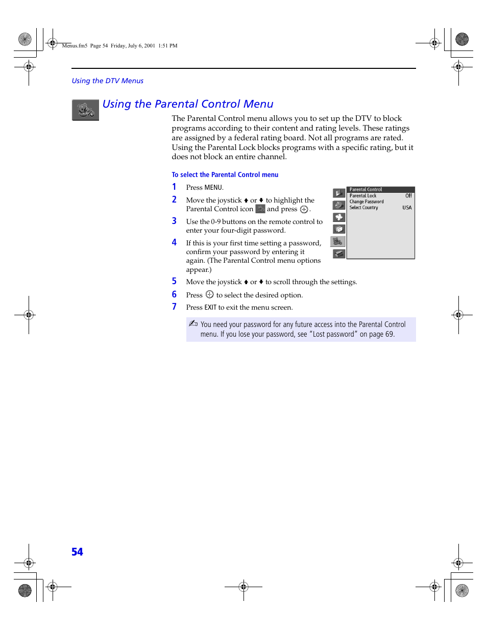 54 using the parental control menu | Sony VMC-IL4415 User Manual | Page 60 / 80