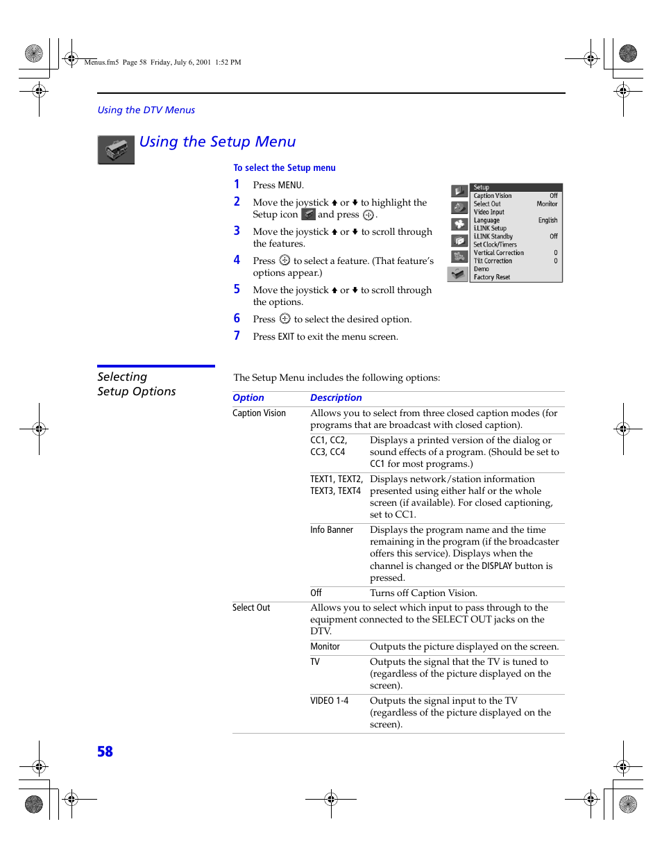 58 using the setup menu | Sony VMC-IL4415 User Manual | Page 64 / 80