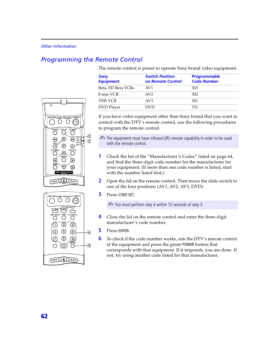 62 programming the remote control | Sony VMC-IL4415 User Manual | Page 68 / 80