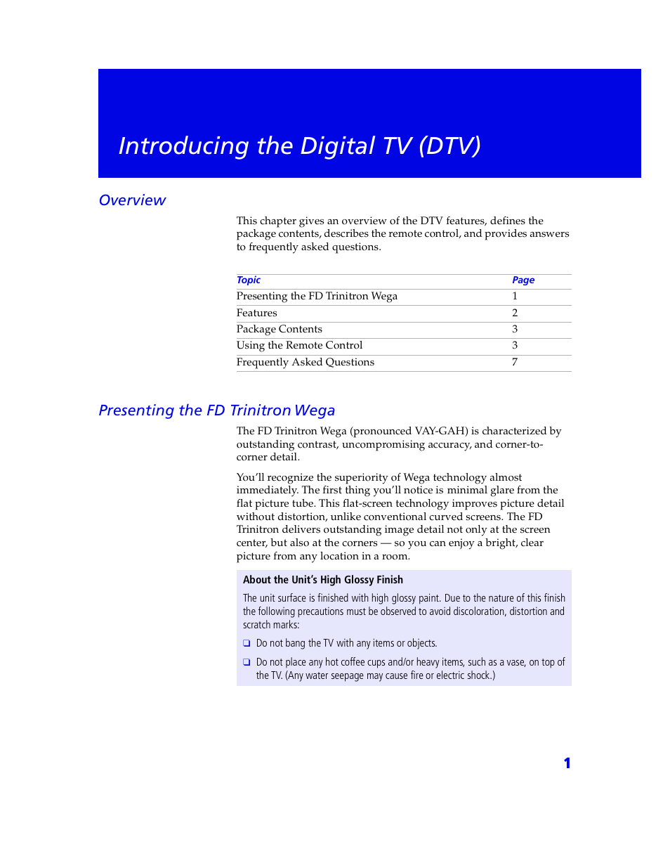 Introducing the digital tv (dtv), Overview, Presenting the fd trinitron | Wega | Sony VMC-IL4415 User Manual | Page 7 / 80