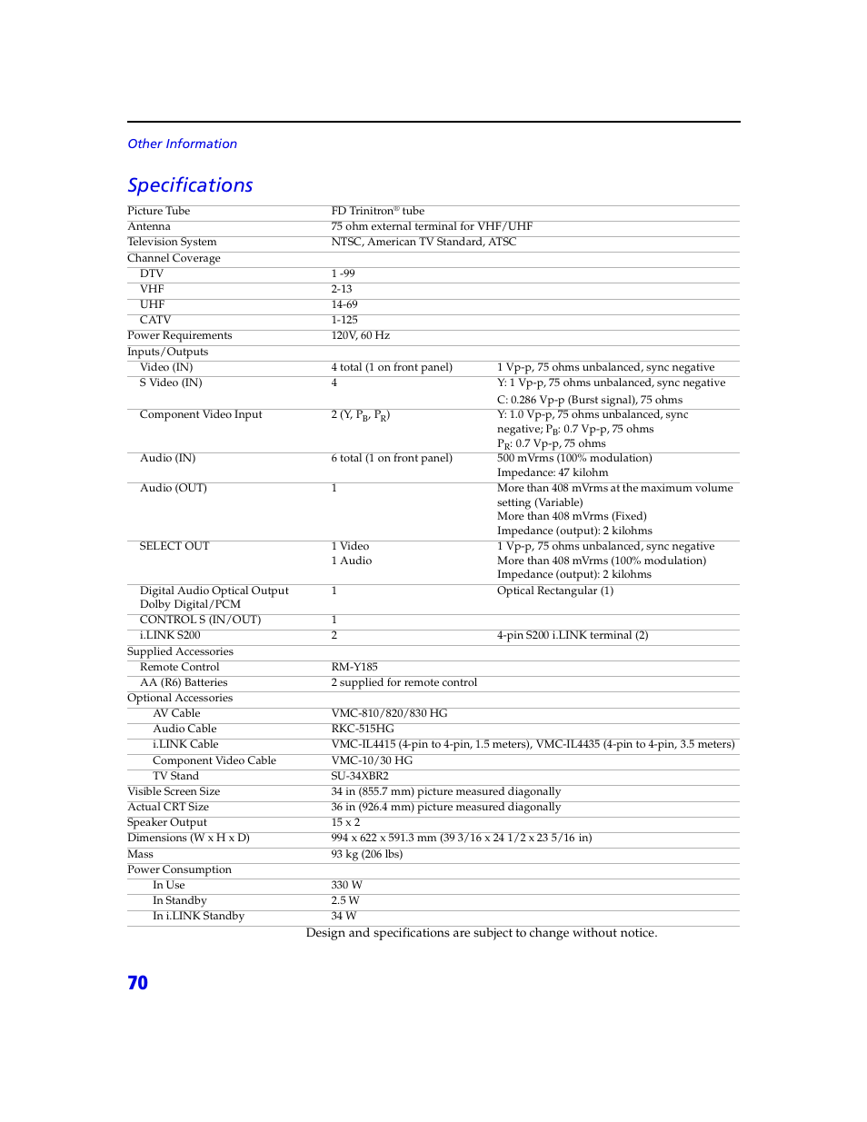 70 specifications | Sony VMC-IL4415 User Manual | Page 76 / 80