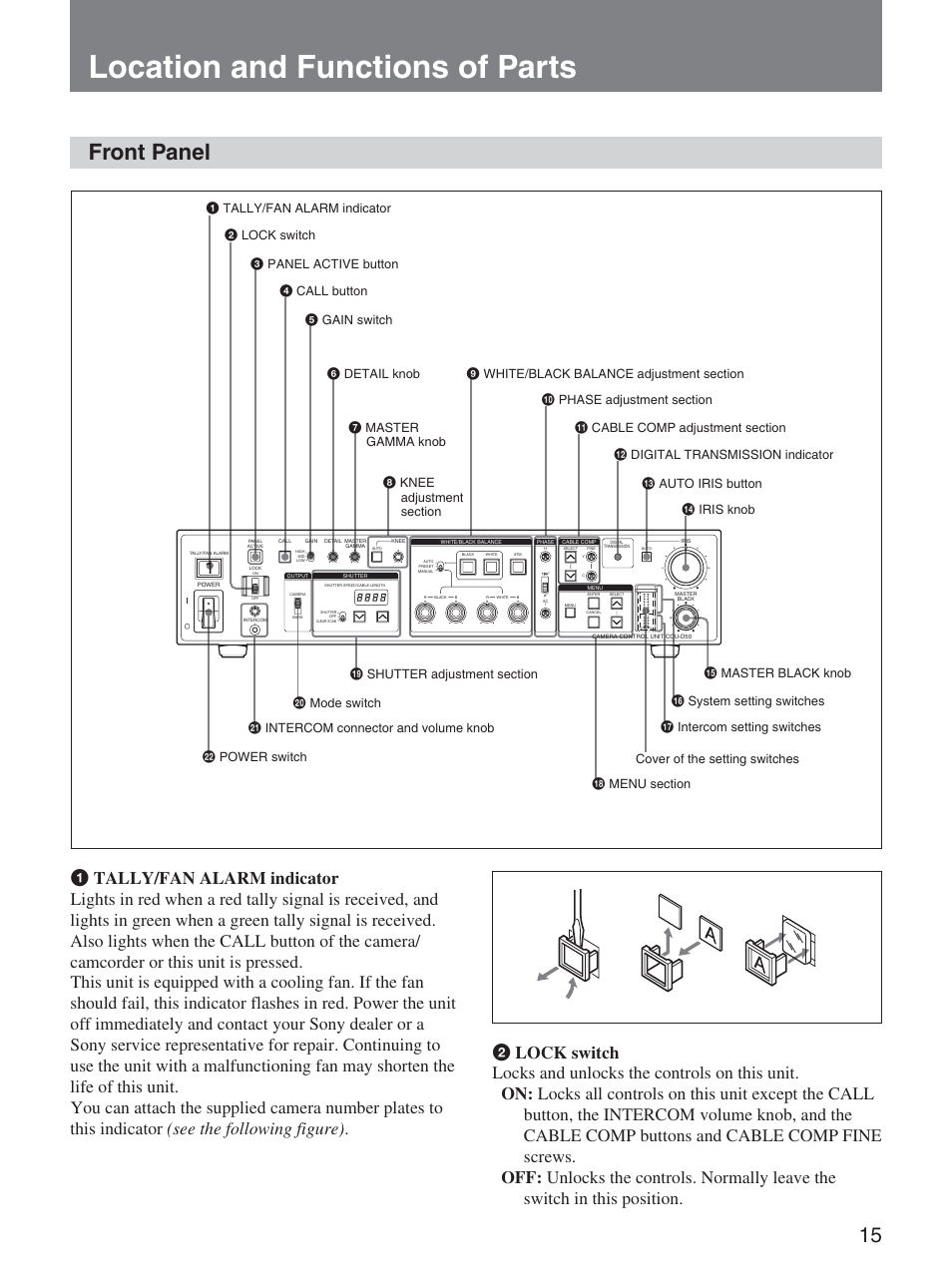 Location and functions of parts, Front panel | Sony CCU-D50 User Manual | Page 15 / 31