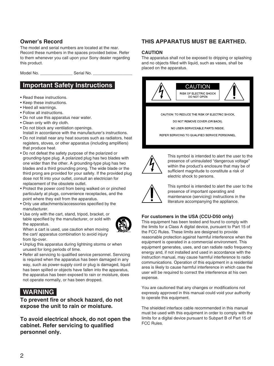 Important safety instructions, Warning, Owner’s record | Sony CCU-D50 User Manual | Page 2 / 31