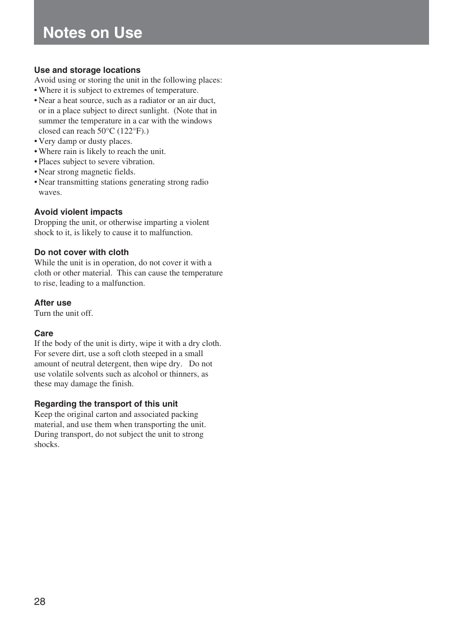Notes on use | Sony CCU-D50 User Manual | Page 28 / 31