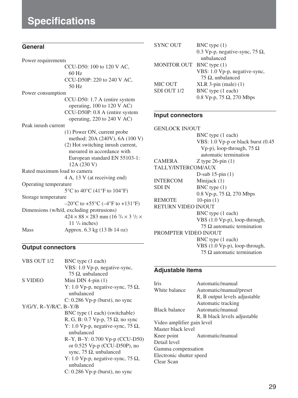 Specifications | Sony CCU-D50 User Manual | Page 29 / 31