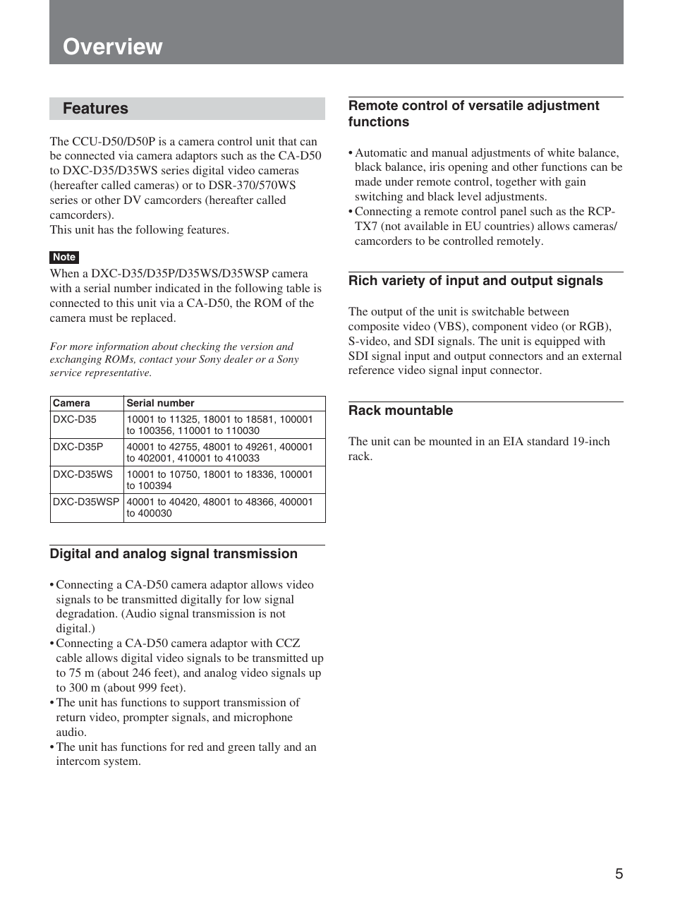 Overview, Features | Sony CCU-D50 User Manual | Page 5 / 31