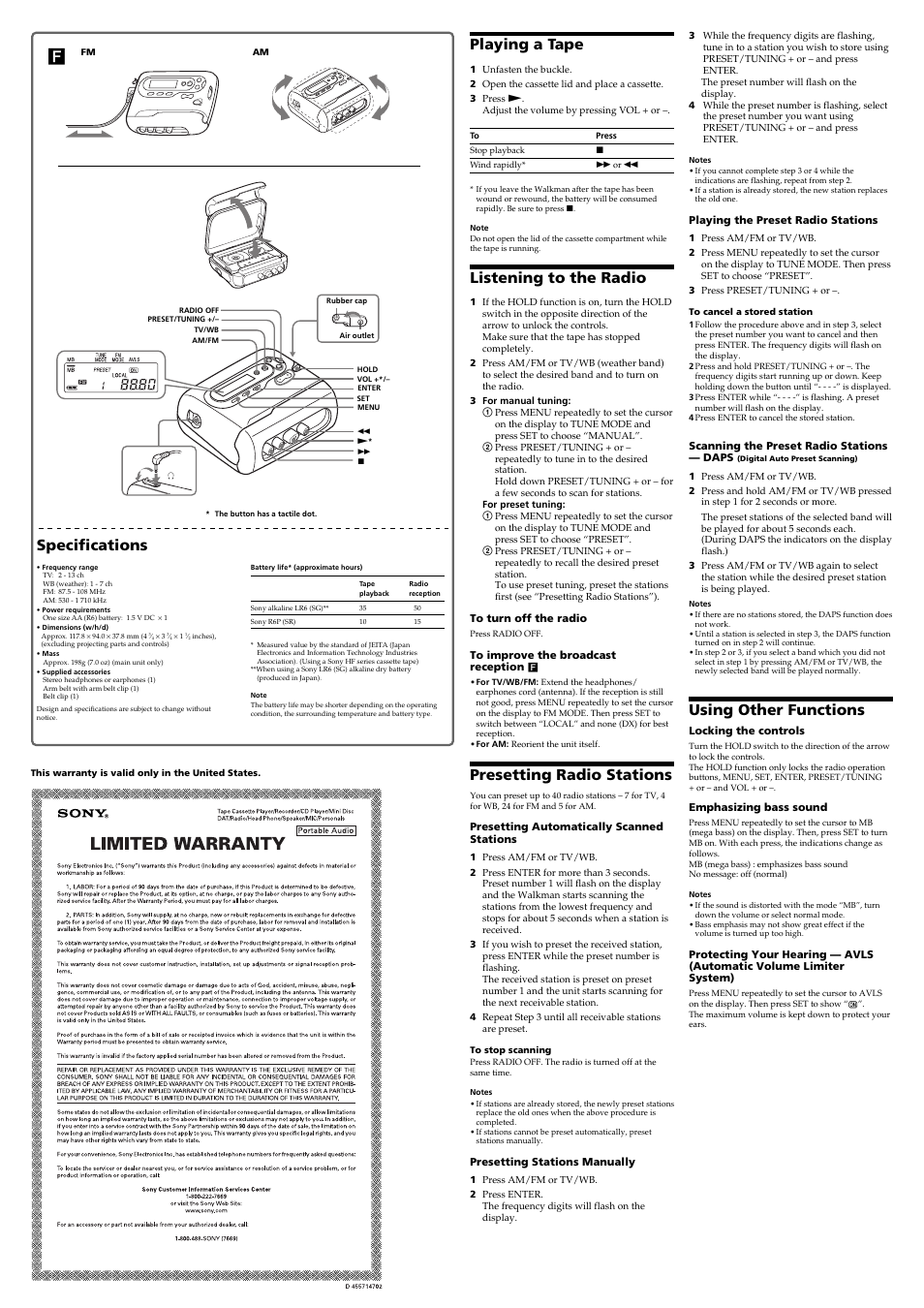 Playing a tape, Listening to the radio, Presetting radio stations | Using other functions, Specifications | Sony WM-FS233 User Manual | Page 2 / 2