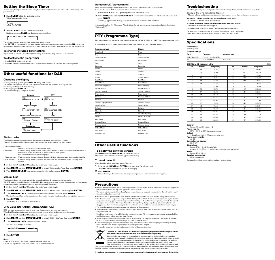 Pty (programme type), Other useful functions, Precautions | Setting the sleep timer, Other useful functions for dab, Troubleshooting, Specifications | Sony XDR-S10DAB User Manual | Page 2 / 2