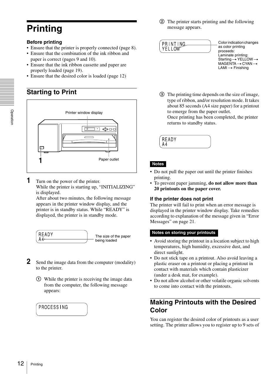 Printing, Starting to print, Making printouts with the desired color | Sony UP-D77MD User Manual | Page 12 / 32