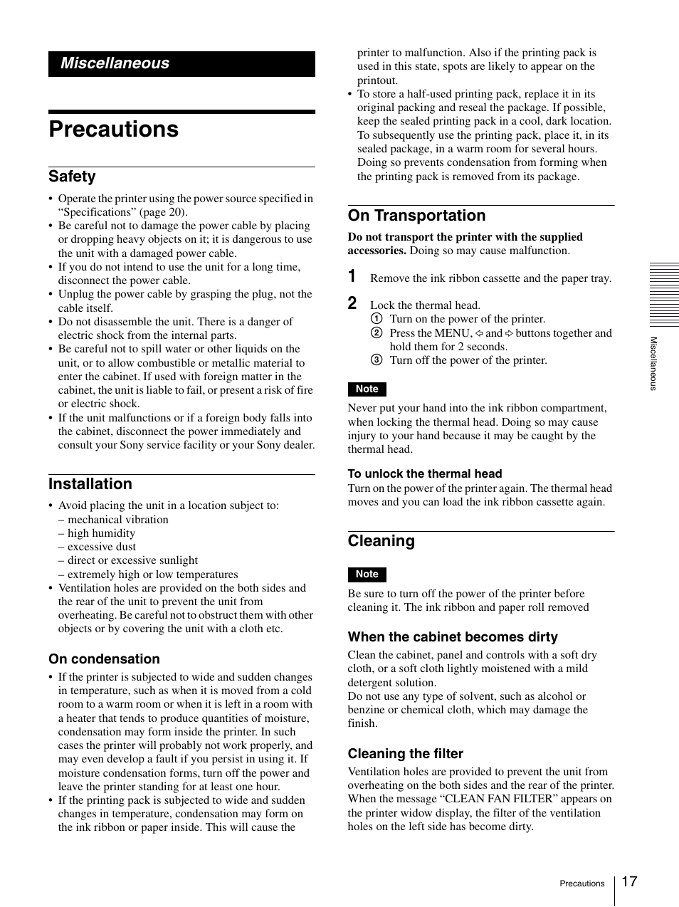 Miscellaneous, Precautions, Safety | Installation, On transportation, Cleaning, Safety installation on transportation cleaning | Sony UP-D77MD User Manual | Page 17 / 32