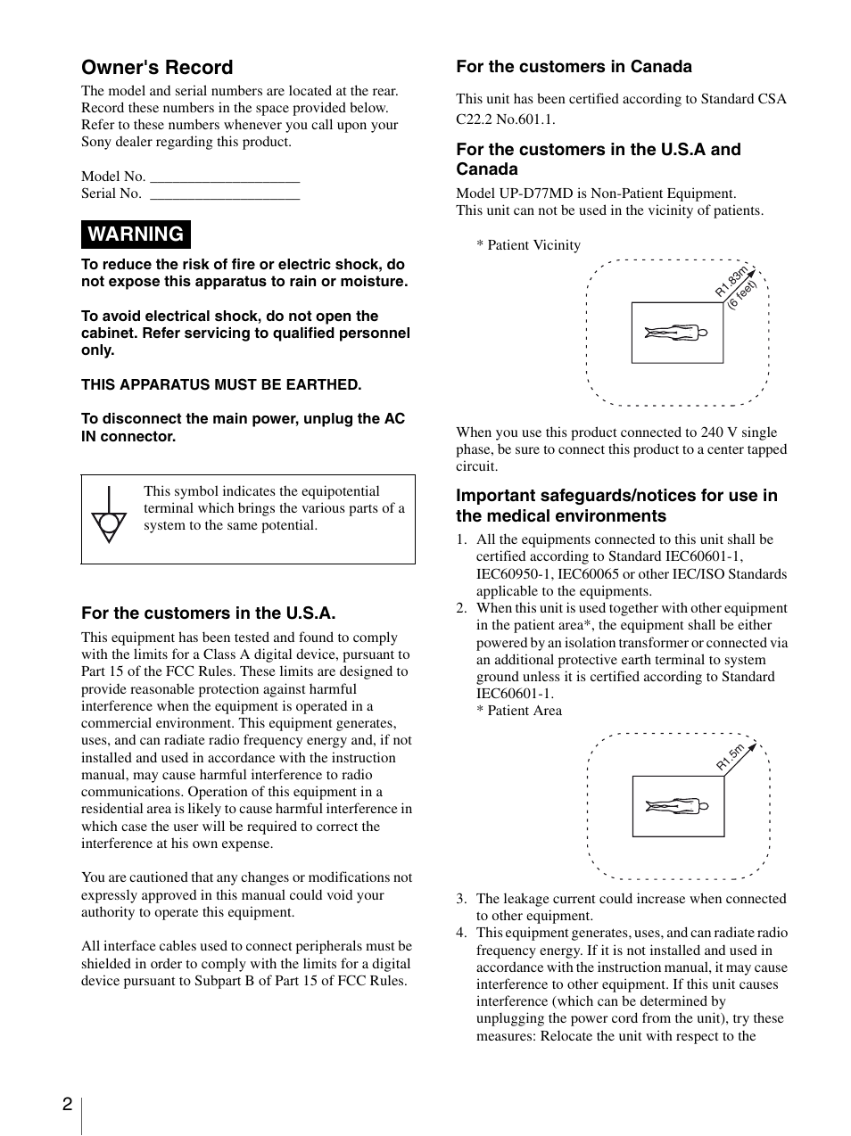 Owner's record, Warning | Sony UP-D77MD User Manual | Page 2 / 32