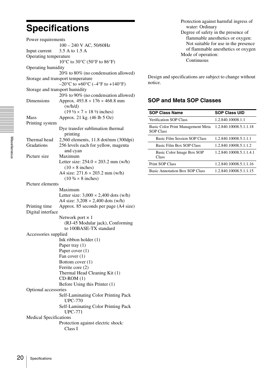 Specifications | Sony UP-D77MD User Manual | Page 20 / 32