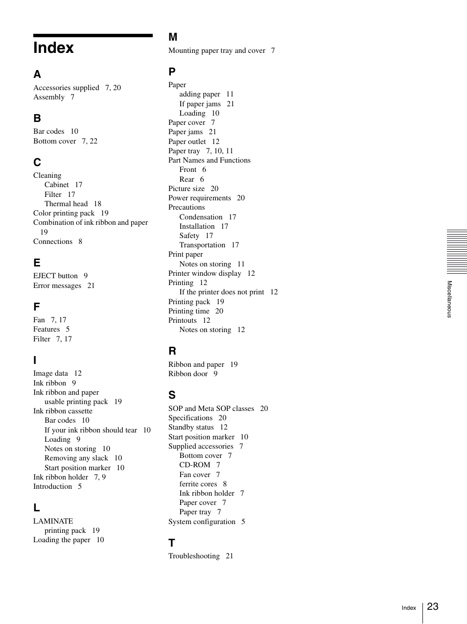 Index | Sony UP-D77MD User Manual | Page 23 / 32