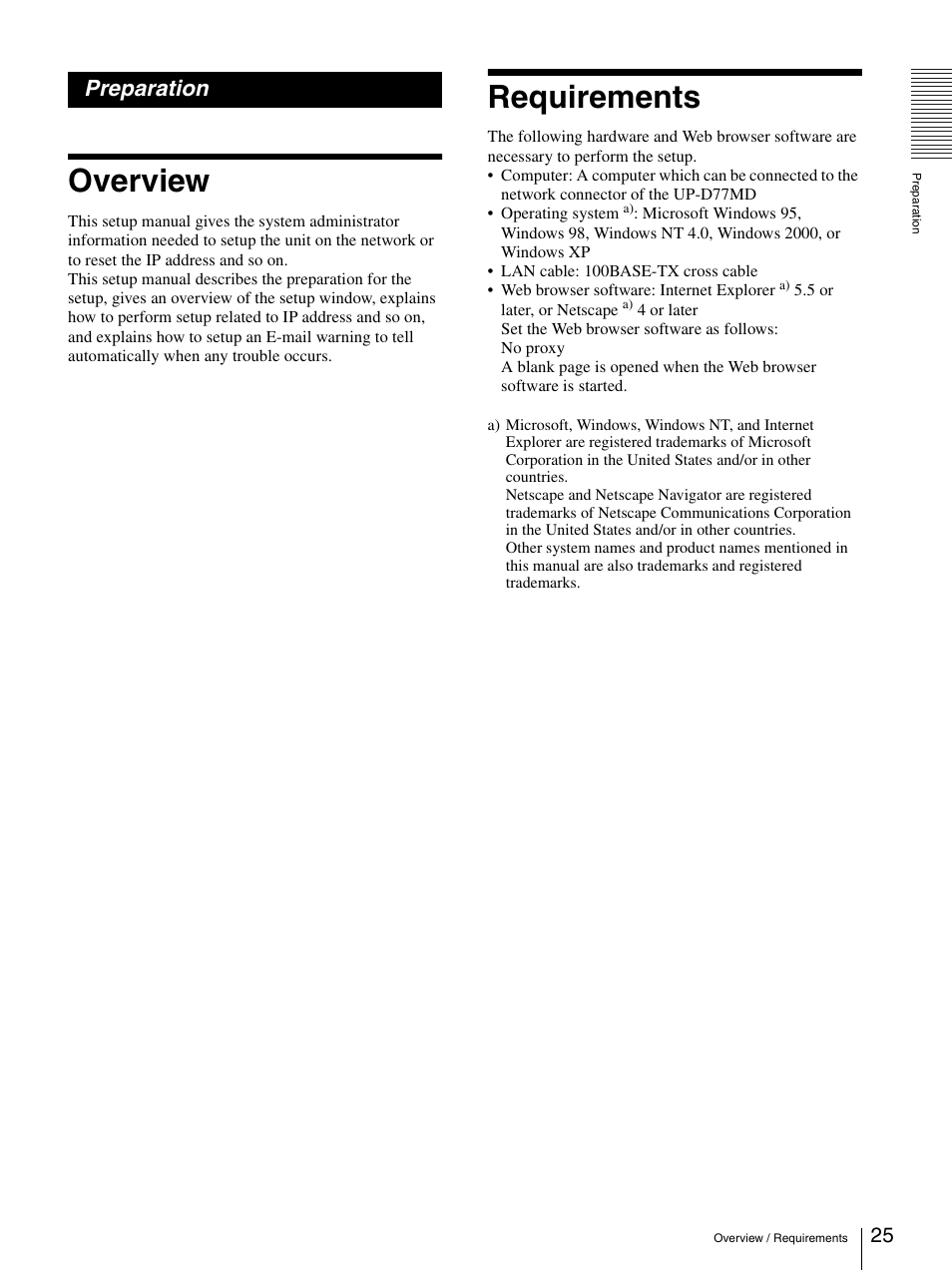 Preparation, Overview, Requirements | Overview requirements | Sony UP-D77MD User Manual | Page 25 / 32