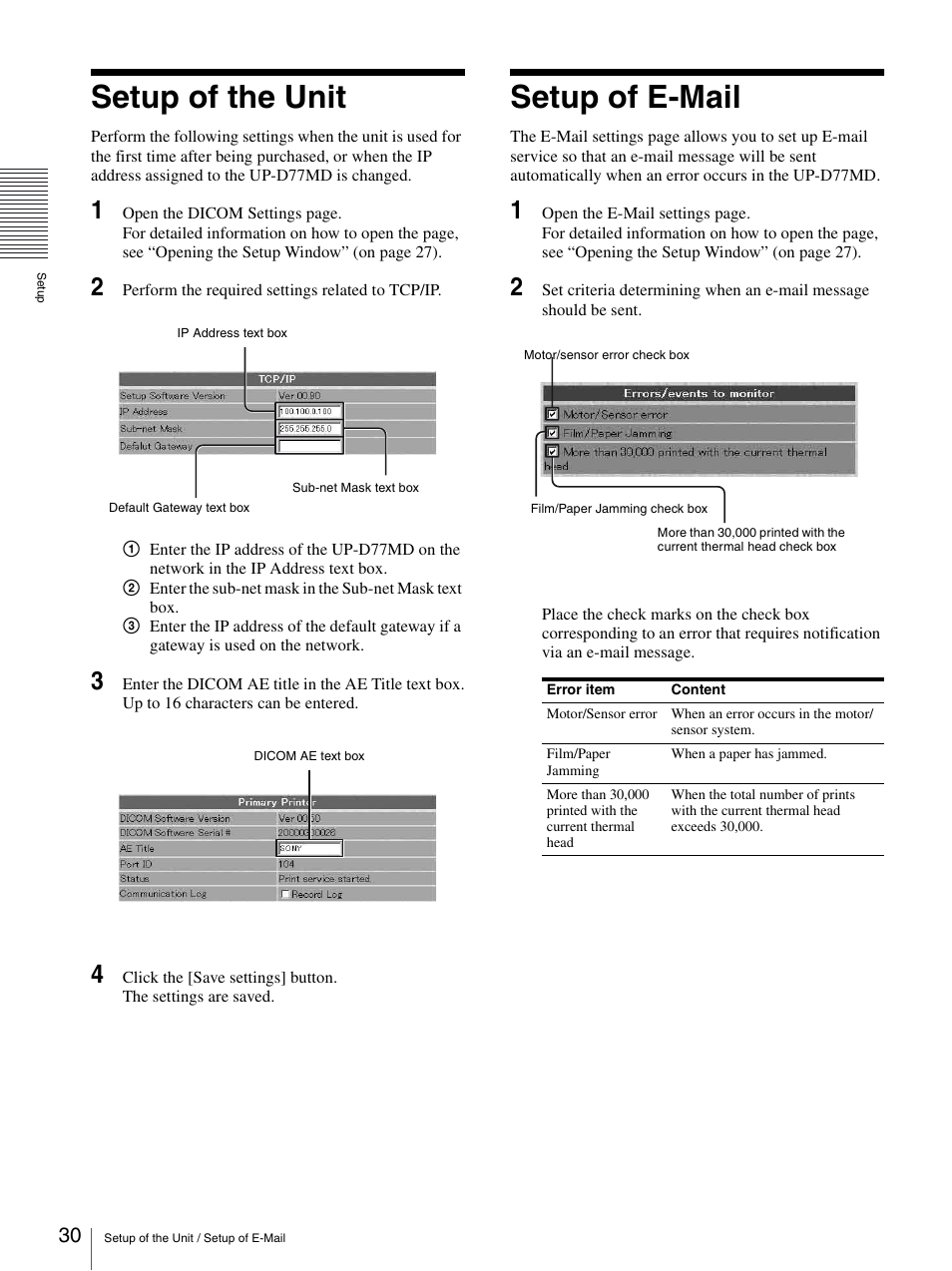 Setup of the unit, Setup of e-mail, Setup of the unit setup of e-mail | Sony UP-D77MD User Manual | Page 30 / 32