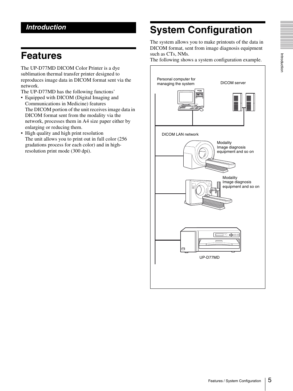 Introduction, Features, System configuration | Features system configuration | Sony UP-D77MD User Manual | Page 5 / 32