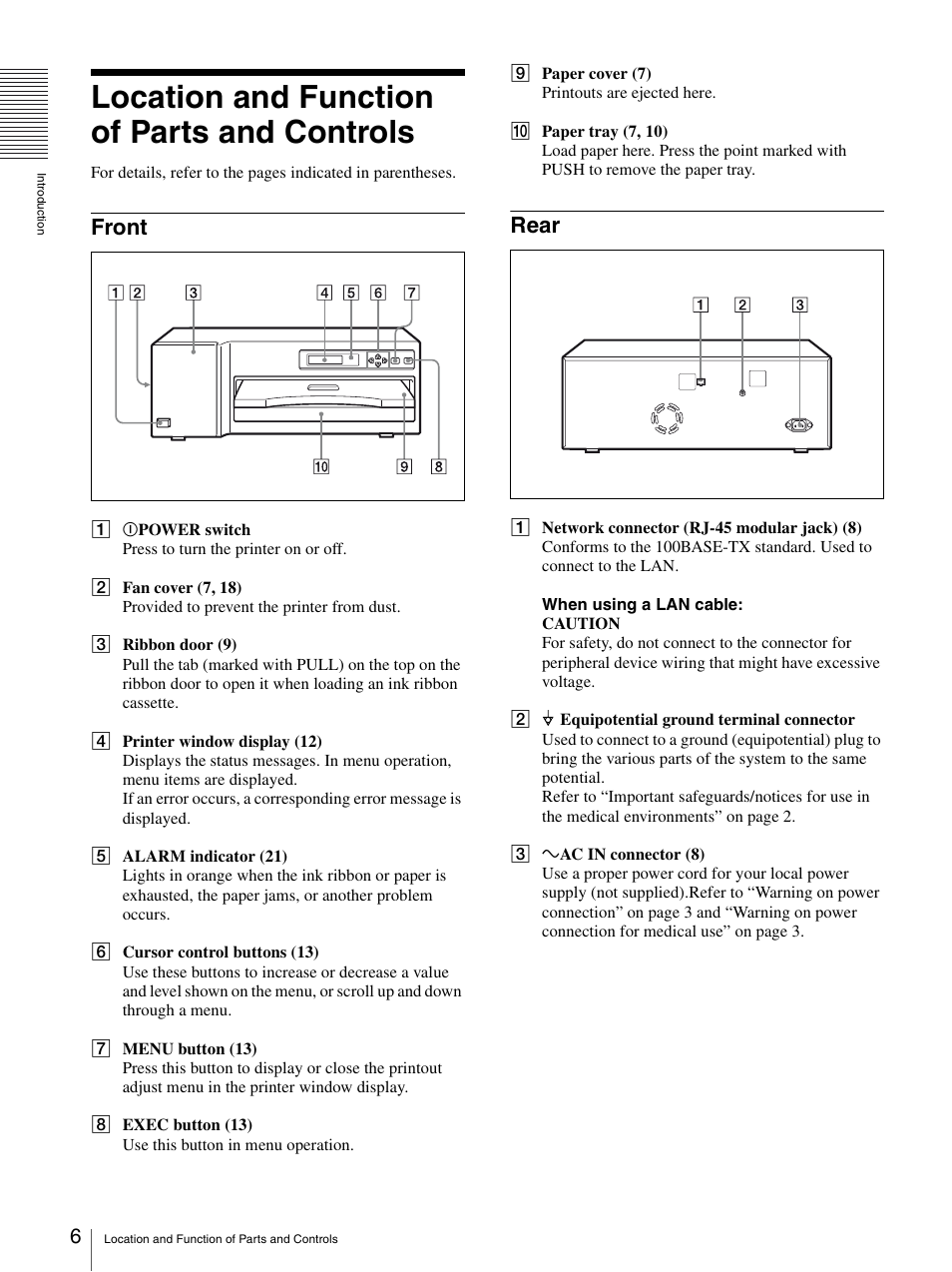 Location and function of parts and controls, Front, Rear | Front rear | Sony UP-D77MD User Manual | Page 6 / 32