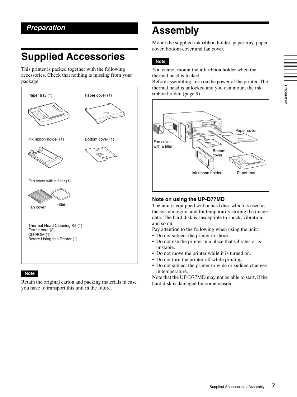 Preparation, Supplied accessories, Assembly | Supplied accessories assembly, R (7, R (7) | Sony UP-D77MD User Manual | Page 7 / 32