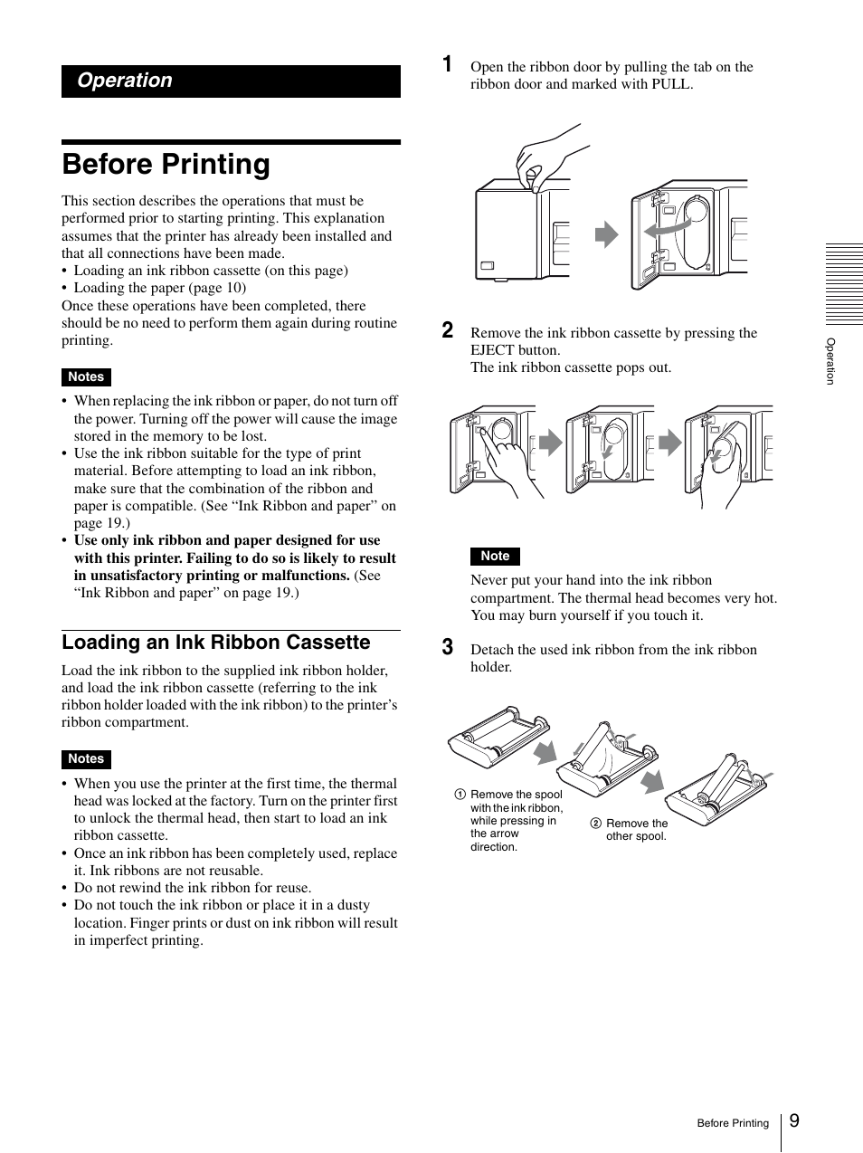 Operation, Before printing, Loading an ink ribbon cassette | Sony UP-D77MD User Manual | Page 9 / 32