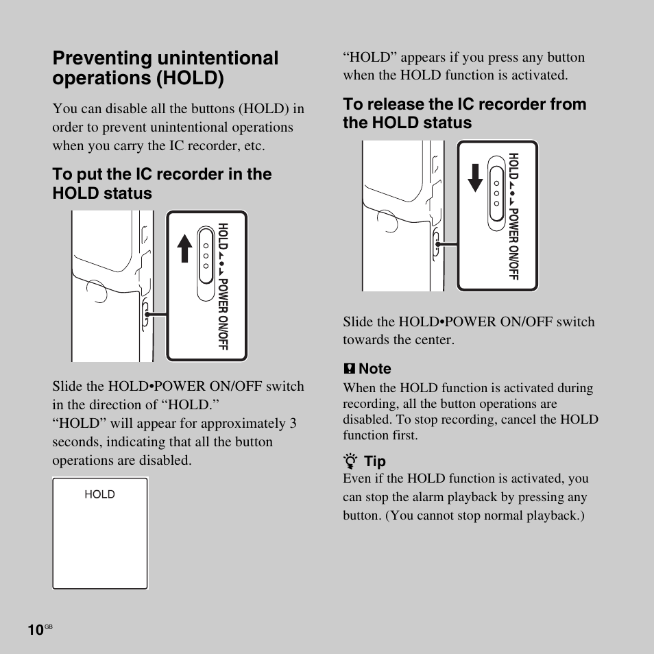 Preventing unintentional operations (hold) | Sony PX312F User Manual | Page 10 / 146