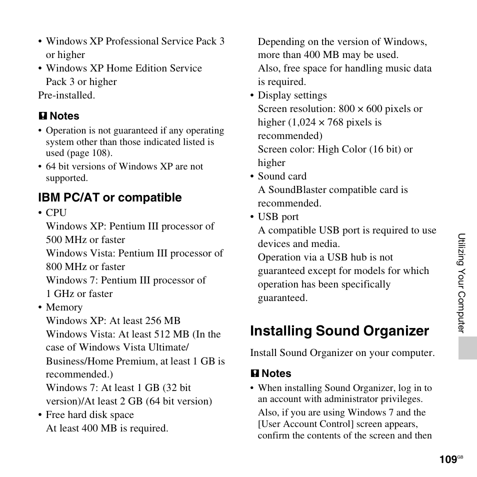 Installing sound organizer, Ibm pc/at or compatible | Sony PX312F User Manual | Page 109 / 146