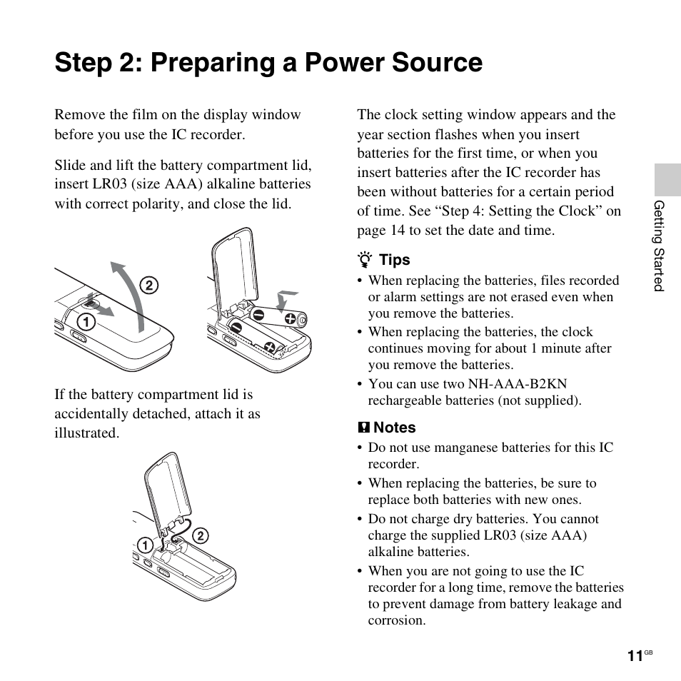Step 2: preparing a power source | Sony PX312F User Manual | Page 11 / 146