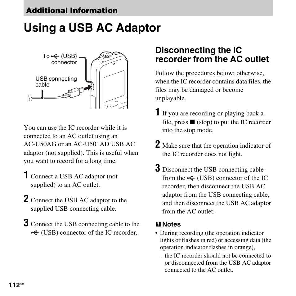 Additional information, Using a usb ac adaptor, Disconnecting the ic recorder from the ac outlet | Sony PX312F User Manual | Page 112 / 146